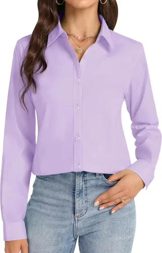 Miniatura 8 de Camisas con botones J.VER para mujer con cuello elástico y manga larga de algodón, camisa de vestir casual de negocios para el trabajo