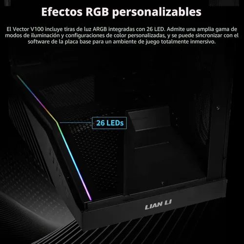 Miniatura 5 de Lian Li V100 ATX Carcasa de PC de Torre Media, 4 x 120mm Ventiladores ARGB PWM Preinstalados, Tira LED RGB, Plataforma de Visualización con Vidrio