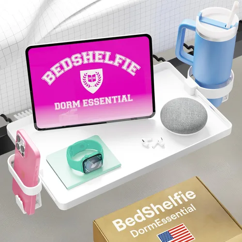 BedShelfie - Estante de cabecera para dormitorio, cama litera y litera superior, elementos esenciales para dormitorio universitario, mesita de Blanco
