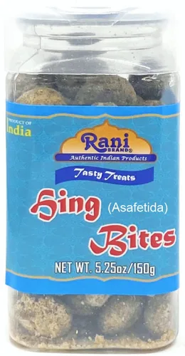 Rani Hing (Asafetida) Bites - Bocados sellados al vacío, parte superior fácil de abrir, recipiente resellable ~ Indian Tasty Treats | Vegano | Apto
