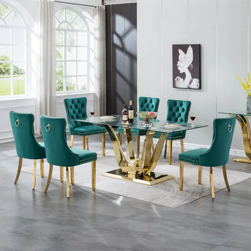 Miniatura 43 de Juego de mesa de comedor de cristal dorado de 5 piezas, 70 pulgadas, rectangular, moderna, para cocina y comedor, mesa de comedor para 4, mesa