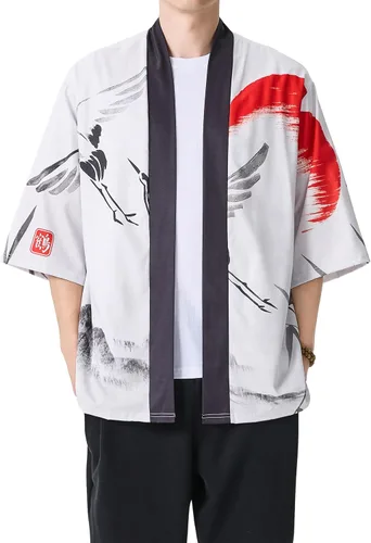 Miniatura 14 de PRIJOUHE Chaqueta Kimono Ligera para Hombre de Manga Tres Cuartos con Frente Abierto Cárdigan Estilo Japonés