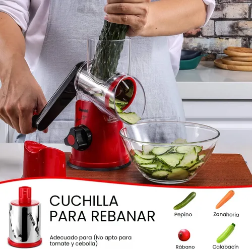 Miniatura 3 de Geedel Rallador giratorio de queso, cortador de verduras de mandolina de cocina con 3 cuchillas intercambiables, rallador fácil de limpiar para Rojo