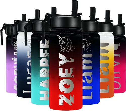 Miniatura 11 de Botella de agua personalizada para niños con tapa de popote en azul aguamarina degradado para la escuela, nombre personalizado para niños, 18 onzas