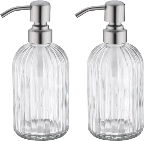 Miniatura 10 de Dispensadores de jabón de vidrio para cocina y baño, botella de vidrio pesado de 16 onzas, bomba de níquel cepillado de acero inoxidable
