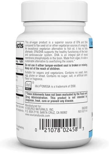Miniatura 4 de Source Naturals Omega-3 veganos, EPA-DHA sin pescado, para apoyo a la salud cardíaca y cerebral* 300 mg - 30 cápsulas blandas