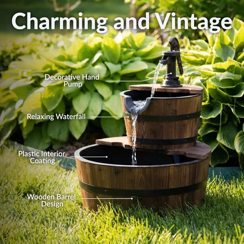 Miniatura 3 de Sunnydaze - Fuente de agua de barril de madera de 2 niveles, fuente de bomba de agua vintage de 23 pulgadas con bomba sumergible, para jardín