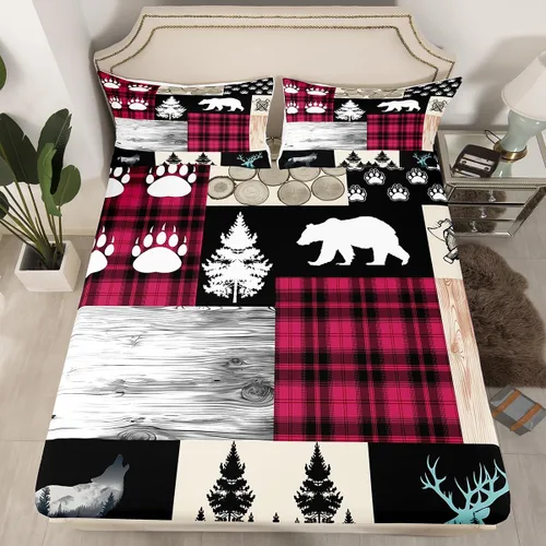 Miniatura 2 de Juego de sábanas rústicas de granja tamaño individual, juego de ropa de cama de retazos a cuadros de ciervo, lobo y patas, para niños y niños, juego