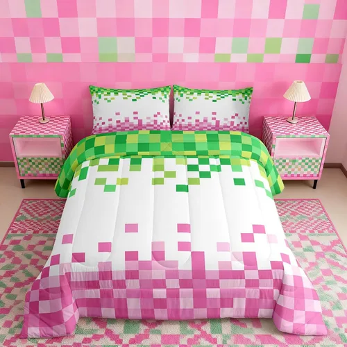 Miniatura 30 de Pixelated Miners - Juego de edredón para niños, tamaño individual, juego de ropa de cama de videojuegos a cuadros geométricos para adolescentes