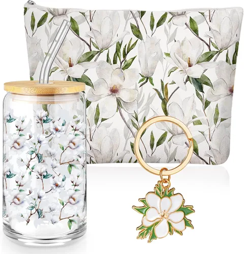 Miniatura 9 de Hushee 3 piezas de regalos temáticos de abeja, bolsa de maquillaje feliz y taza de vidrio con tapa, llavero de paja inspirador para graduación