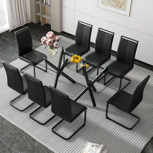 Miniatura 25 de Juego de 8 mesas de comedor de cristal, moderno juego de mesa de comedor de 71 pulgadas con 8 sillas de comedor tapizadas de piel sintética