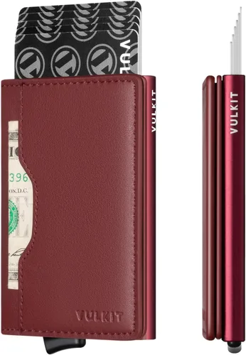 VULKIT Cartera delgada desplegable para mujer, soporte minimalista para tarjetas de crédito con ranuras de cuero, cartera bifold metálica con