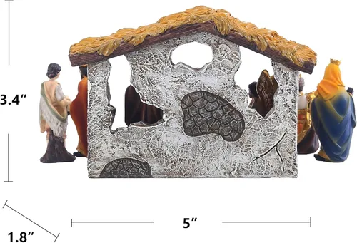 Miniatura 6 de MACLARONX Conjunto de Belén de 12 Piezas Escena de Nacimiento Navideño Figura con Establo para Interiores Decoración de Mesa Hogar Escena