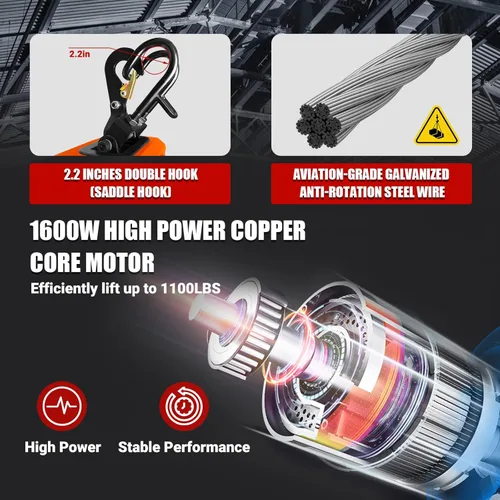 Miniatura 4 de PRO Power - Cabrestante eléctrico portátil de 1100 libras, polipasto de cable eléctrico de 30 pies, 1600 W con ganchos simples/dobles control remoto