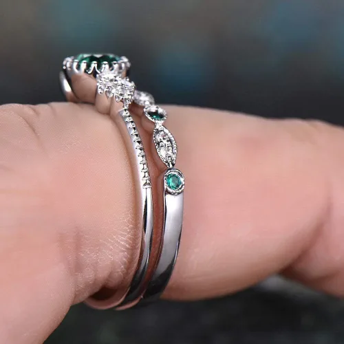 Miniatura 5 de Fashion - Juego de 2 anillos de plata de ley 925 con esmeralda natural, corte redondo, circonita cúbica, anillo de compromiso clásico de eternidad