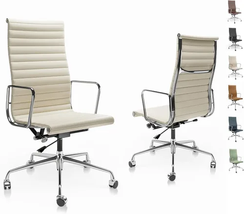 Silla de oficina acanalada con cuero de grano superior, silla de escritorio ergonómica con respaldo alto con brazos y marco de aluminio, ruedas