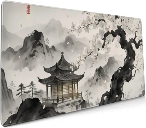 Miniatura 24 de Alfombrilla de mouse para juegos de acuarela japonesa negra y blanca con flor de cerezo de 35.4 x 15.7 pulgadas, XXL extendida, alfombrilla de mouse