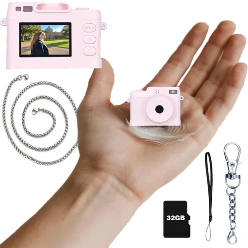 Mini cámara con llavero, mini cámara digital, cámara retro de 1080P con tarjeta de 32 GB, lente gran angular, luz flash LED, fotos nostálgicas, gran