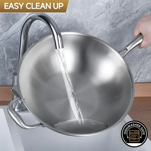 Miniatura 6 de LOLYKITCH Sartén Wok de Acero Inoxidable de Tres Capas de 14.5 Pulgadas, Sartén para Saltear, Sartén de Cocina de Chef por Inducción, Apta