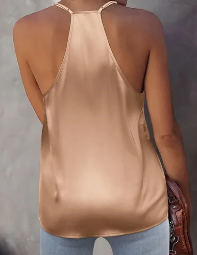Miniatura 5 de Ekouaer Camisola de satén para mujer, cuello en V, lencería de seda, sin mangas, tirantes delgados, blusa casual con espalda cruzada