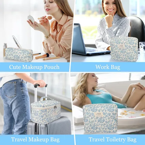 Miniatura 6 de Set de bolsas de maquillaje, bolsa de maquillaje acolchada, bolsa de cosméticos floral grande para mujeres, lindas bolsas de maquillaje de algodón