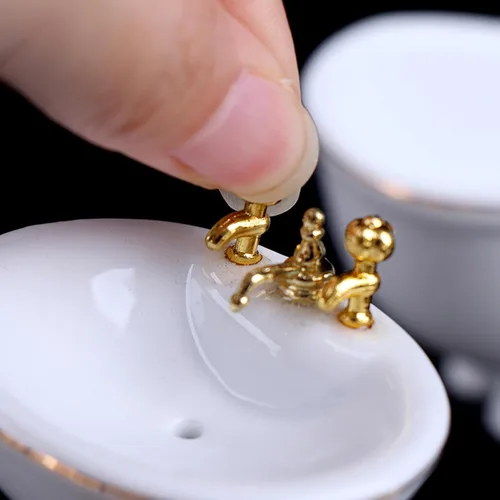 Miniatura 3 de 1:12 Juego de baño de porcelana en miniatura para casa de muñecas, 5 piezas, lavabo de cerámica blanca, espejo de bañera, muebles en miniatura