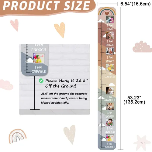 Miniatura 6 de Tabla de crecimiento inspiradora de madera maciza para niños con ventanas de fotos, tabla de altura motivacional para niños, tabla de pared plegable
