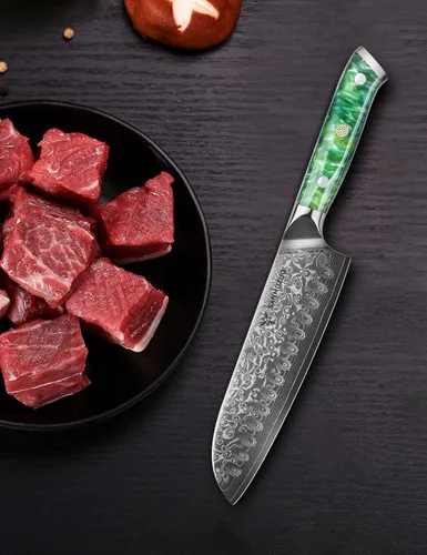 Miniatura 5 de Santoku Cuchillo de 7 pulgadas - Serie Xuan - Cuchillo de cocina de acero Damasco VG10 - Mango de resina (verde jade)