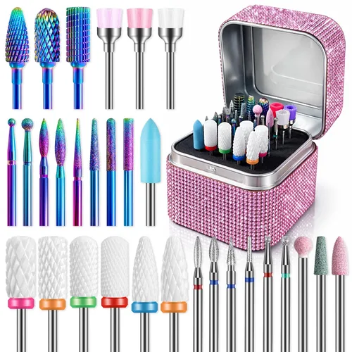 Juego de brocas para uñas con estuche de almacenamiento: 30 piezas de 3/32 pulgadas de carburo de diamante y cerámica, kit profesional de salón para