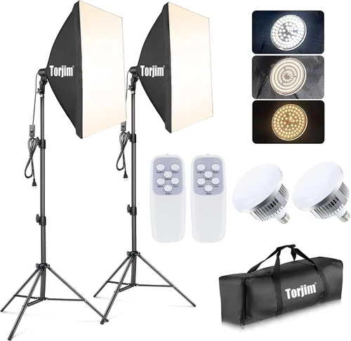 Torjim Softbox Kit de iluminación para fotografía, 2 piezas de 27 x 27 pulgadas caja suave profesional | Bombillas LED 3000K-7500K 85W con control