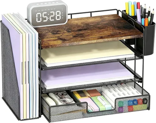 Miniatura 20 de OPNICE - Organizadores de escritorio y accesorios, para espacio de trabajo, suministros de oficina, organizador de archivos con 2 soportes para Negro