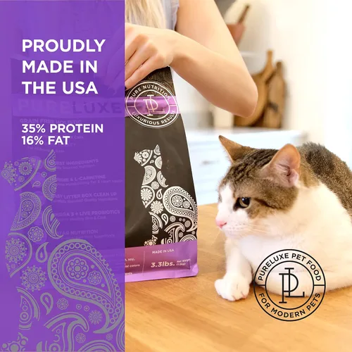Miniatura 5 de PURELUXE Alimento para gatos sin granos y gluten, nutrición Elite para gatos adultos, pavo, para todas las etapas de la vida y razas, fabricado