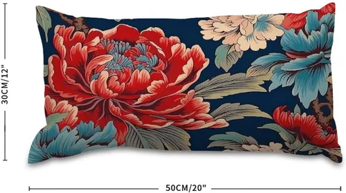 Miniatura 3 de Chinoiserie Throw Pillow Case Red Peony Floral Lumbar Pillowcases Asian Style Decorative Pillow Home Cotton Linen 12x18 Rustic Cushion Cover for