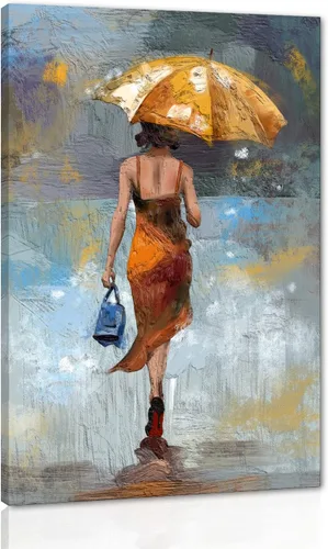 Miniatura 7 de Lienzo abstracto moderno para pared, póster de niña en vestido rojo caminando con paraguas azul, obra de arte para la decoración de pared