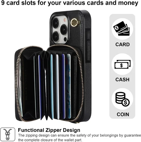 Miniatura 3 de Bocasal Funda tipo cartera cruzada para iPhone 15 Pro, funda de piel con bloqueo RFID y soporte para tarjetas, funda protectora con cremallera