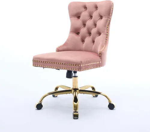 Miniatura 7 de Silla de oficina en casa de terciopelo con base de metal dorado y ribete de cabeza de clavo, moderna silla de trabajo tapizada giratoria tapizada
