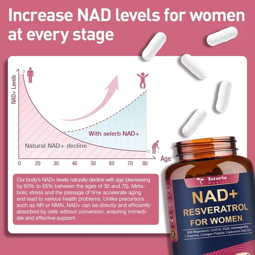 Miniatura 5 de Totaria Suplemento NAD+ para mujeres - Suplemento NAD Trans-Resveratrol con magnesio, CoQ10, PQQ, Ashwagandha, péptido de colágeno - Alternativa NMN