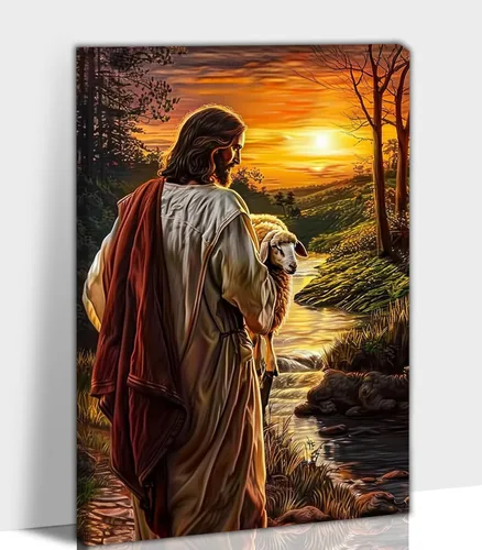 Miniatura 18 de Arte de pared en lona de Jesús y Cordero, Imagen de Jesús Corriendo tras la Oveja Perdida, Arte de pared religioso de Jesús Dejando las 99, Pinturas