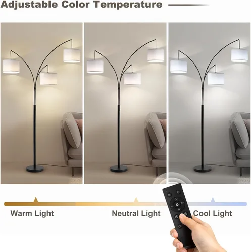 Miniatura 5 de Lámpara de pie con control remoto, lámparas de pie de arco de 3 luces para sala de estar, lámparas de pie altas de 2400 lm con pantallas blancas
