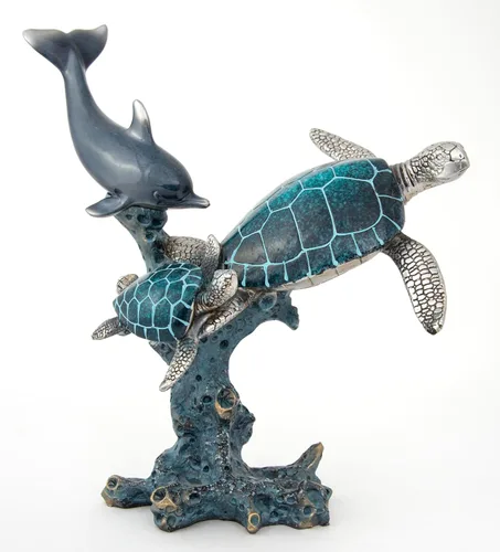 Miniatura 10 de Estatua de tortuga marina triples nadando sobre base de arrecife de coral, figura de polystone inspirada en el océano para decoración del hogar Azul