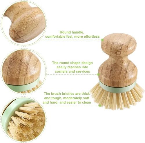 Miniatura 3 de 4 cepillos de bambú para fregar platos con soportes, de madera, de bambú, redondos, cerdas rígidas, cepillos para lavar platos, ollas, sartenes