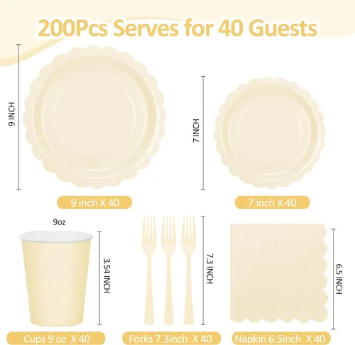 Miniatura 3 de 200 platos y servilletas de papel marfil, de 9 y 7 pulgadas, platos de fiesta desechables de color crema festoneado, tazas, servilletas, tenedores