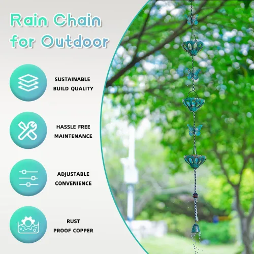 Miniatura 3 de Cadenas de lluvia de 12 pies para exteriores, cadena de lluvia de metal con decoración de mariposa, cadena recolectora de lluvia ajustable con Verde