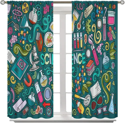 Miniatura 8 de Cortinas opacas para ventanas de ciencia para niños, lupa de libro de laboratorio de ciencia, lupa, frascos moleculares, cortinas impresas