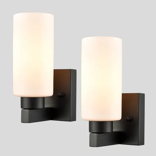 Miniatura 10 de DEYNITE Conjunto de dos apliques de pared modernos de níquel cepillado para baño con pantalla de vidrio cilíndrico blanco lechoso