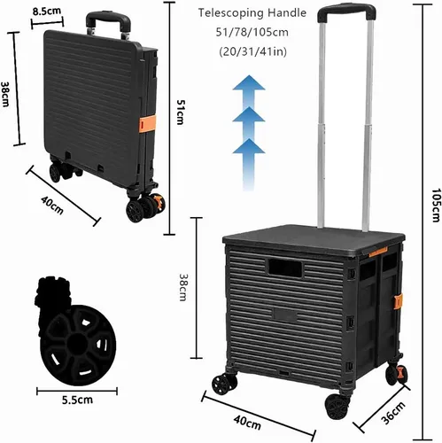 Miniatura 7 de Carrito de Utilidad Plegable Carrito de Mano Portátil con Caja de Ruedas Plegable con Tapa Resistente al Desgaste Silencioso Rueda Giratoria de 360°