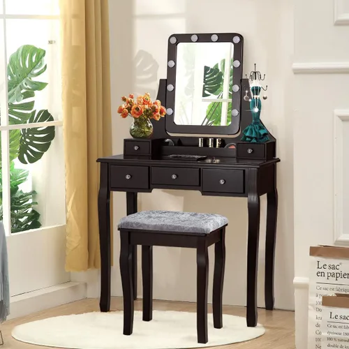 Miniatura 2 de DORTALA Juego de mesa de tocador con espejo rectangular de 360 grados y taburete acolchado, mesa de maquillaje con 10 bombillas LED regulables