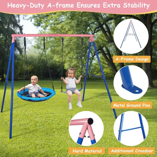 Miniatura 5 de Lunafun Columpios para exteriores para niños, 440 libras, soporte de columpio de metal resistente con marco en A, 1 platillo y 1 asiento de columpio