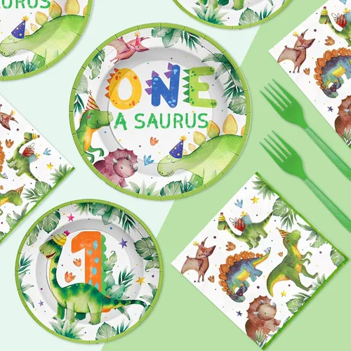 Miniatura 4 de 96 piezas de dinosaurios para el primer cumpleaños, platos y servilletas de dinosaurios de dibujos animados, juegos de vajilla de acuarela