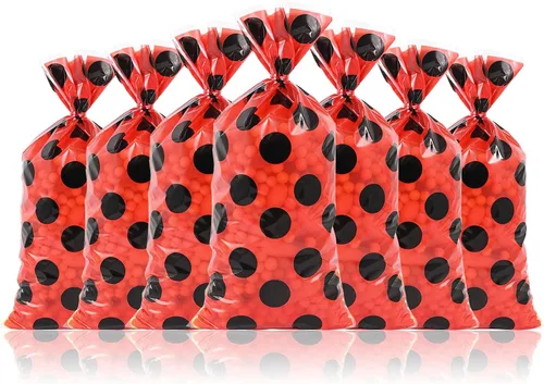 Miniatura 4 de Lecpeting 100 bolsas de golosinas de mariquita, bolsas de dulces de celofán con lunares rojos y negros, regalos de fiesta de mariquita con lazos